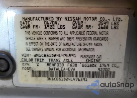 2004 Nissan Sentra 1.8 z USA, uszkodzony, nr VIN 3N1CB51D24L476591